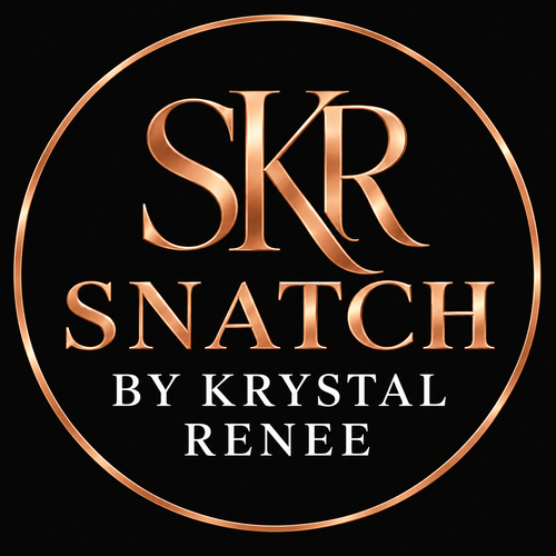 A circular logo design on a black background with metallic rose-gold/copper lettering reading 'SKR SNATCH' and smaller white text 'BY KRYSTAL RENEE'.