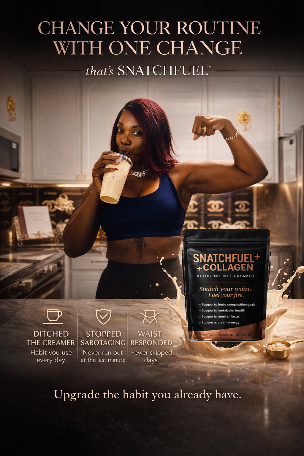 Woman drinking SnatchFuel protein coffee shake as part of daily wellness routine